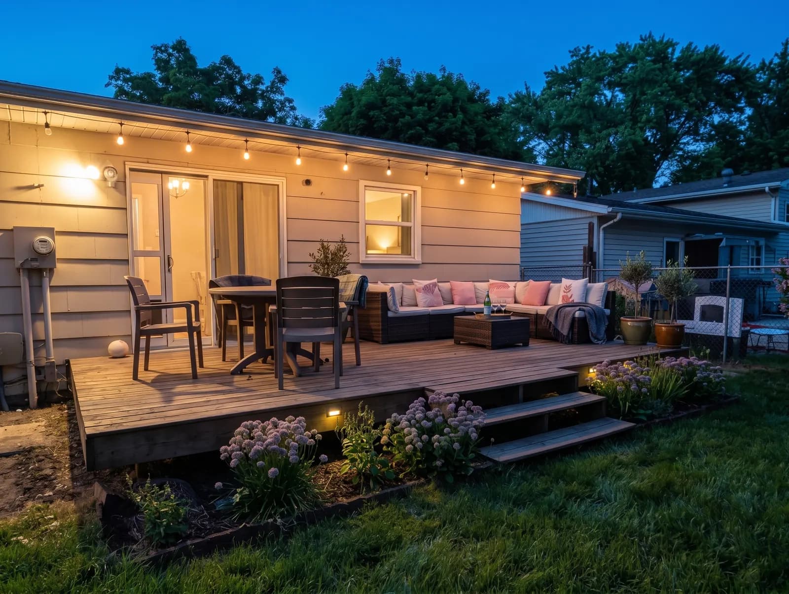 Back deck with patio seating and string lights in the evening